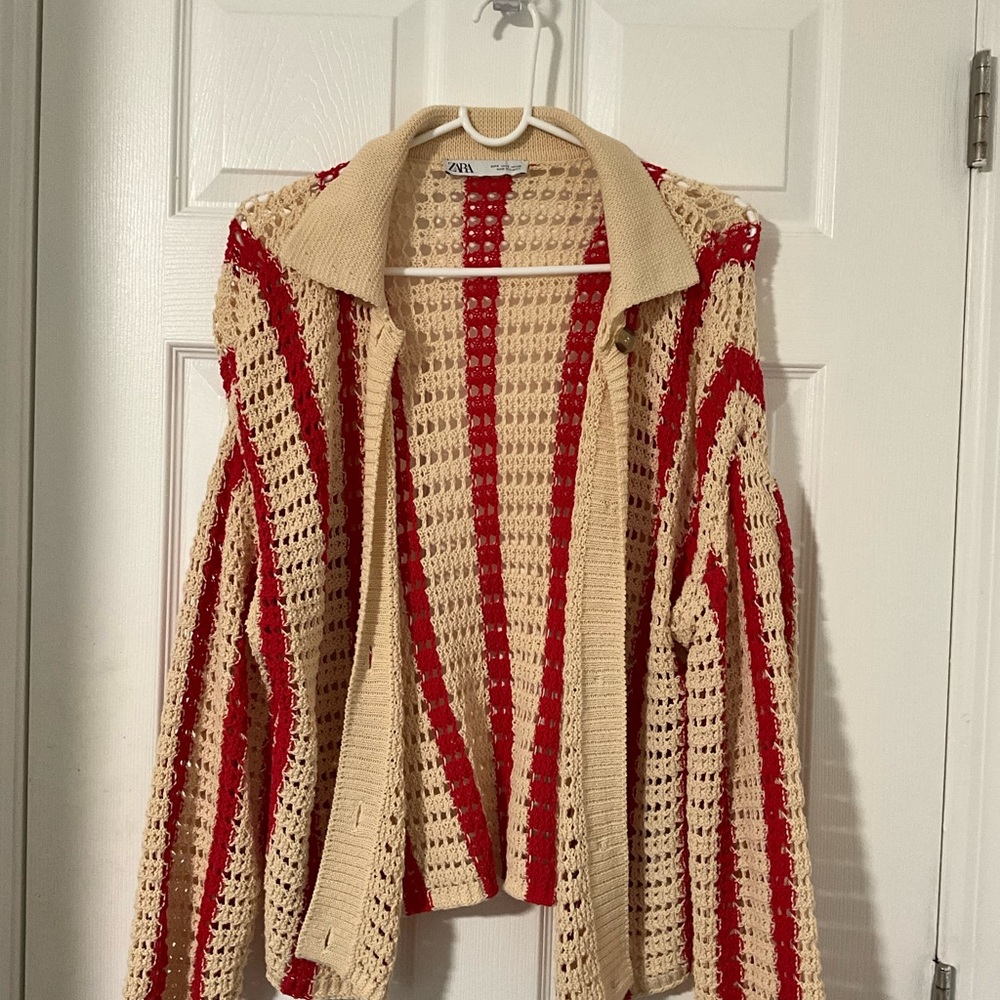 Zara Red and Cream Striped Cardigan